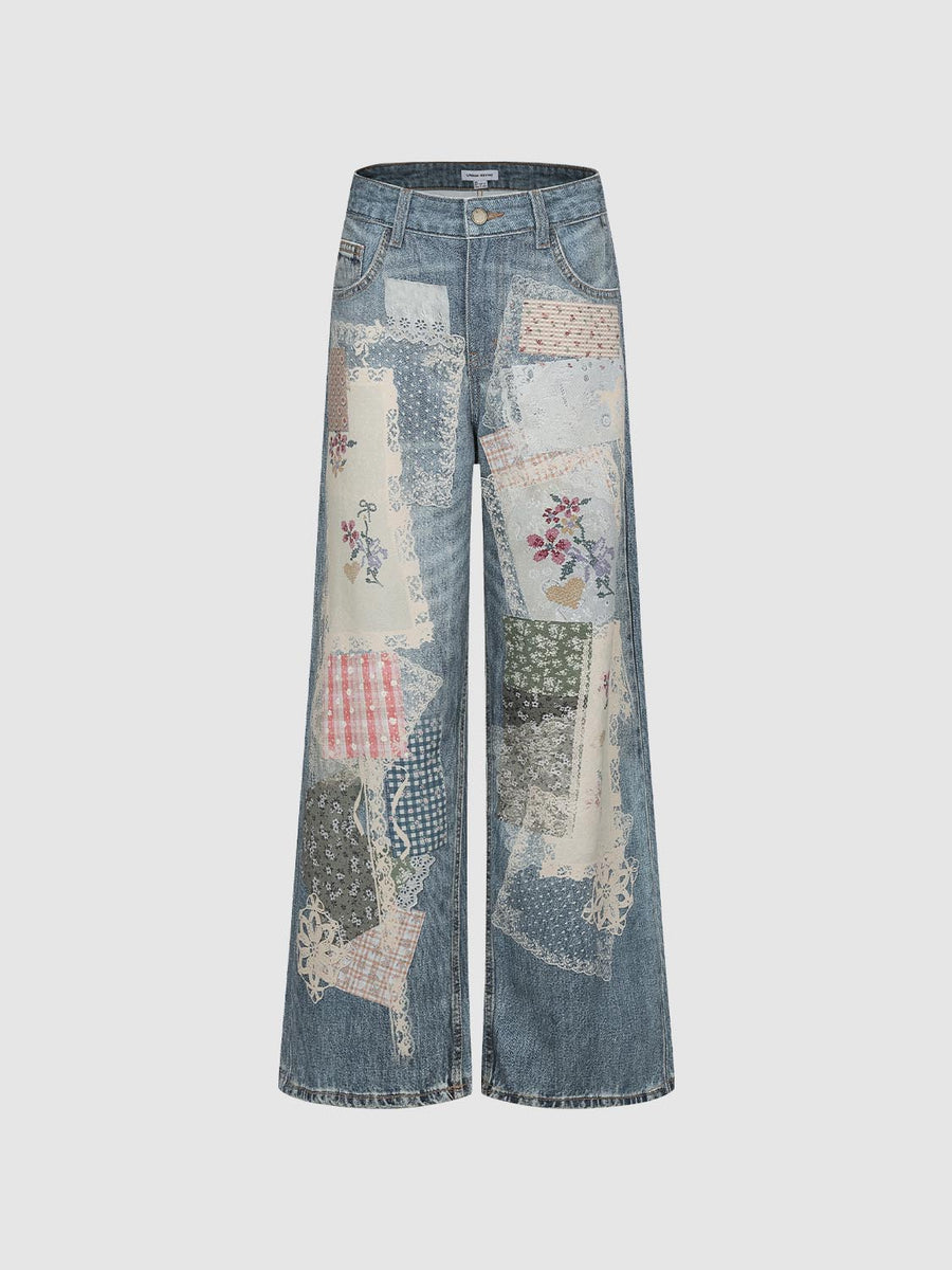 Patchwork Denim With Floral Lace Wide Leg Jeans – URBAN REVIVO