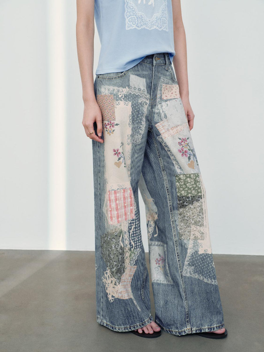 Patchwork Denim With Floral Lace Wide Leg Jeans – URBAN REVIVO