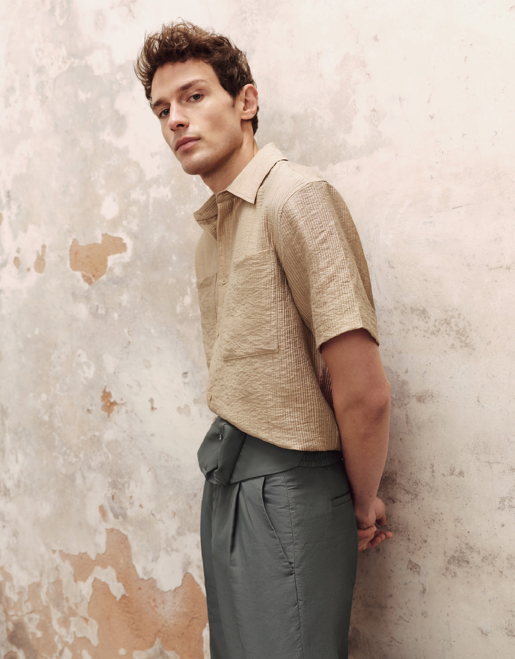 Textured Button Up Straight Shirt