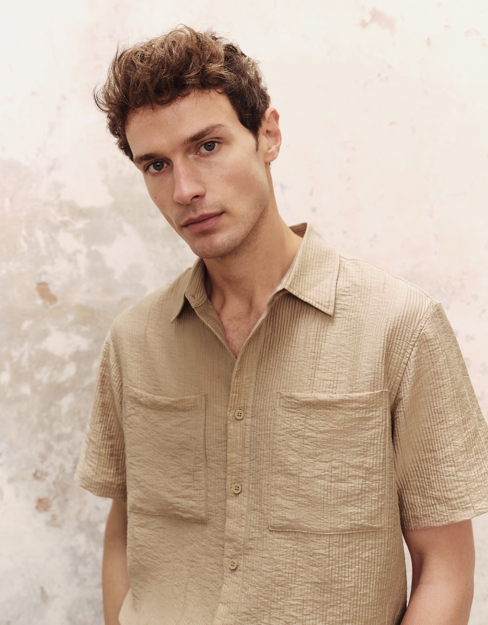Textured Button Up Straight Shirt