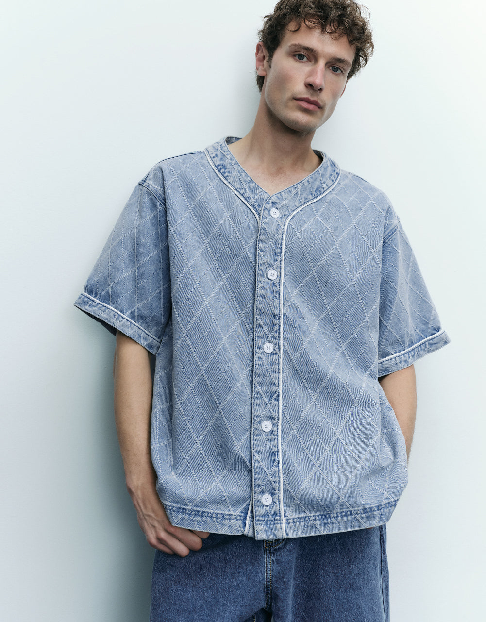Argyle Printed Oversized Denim Shirt