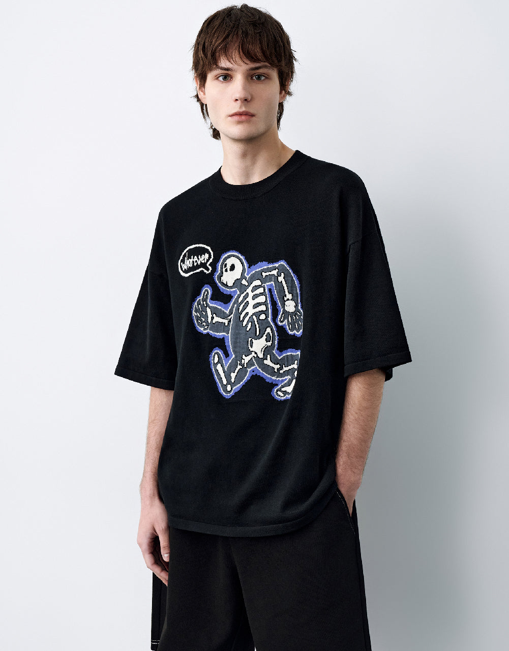 Skeleton Printed Crew Neck Knitted T-Shirt