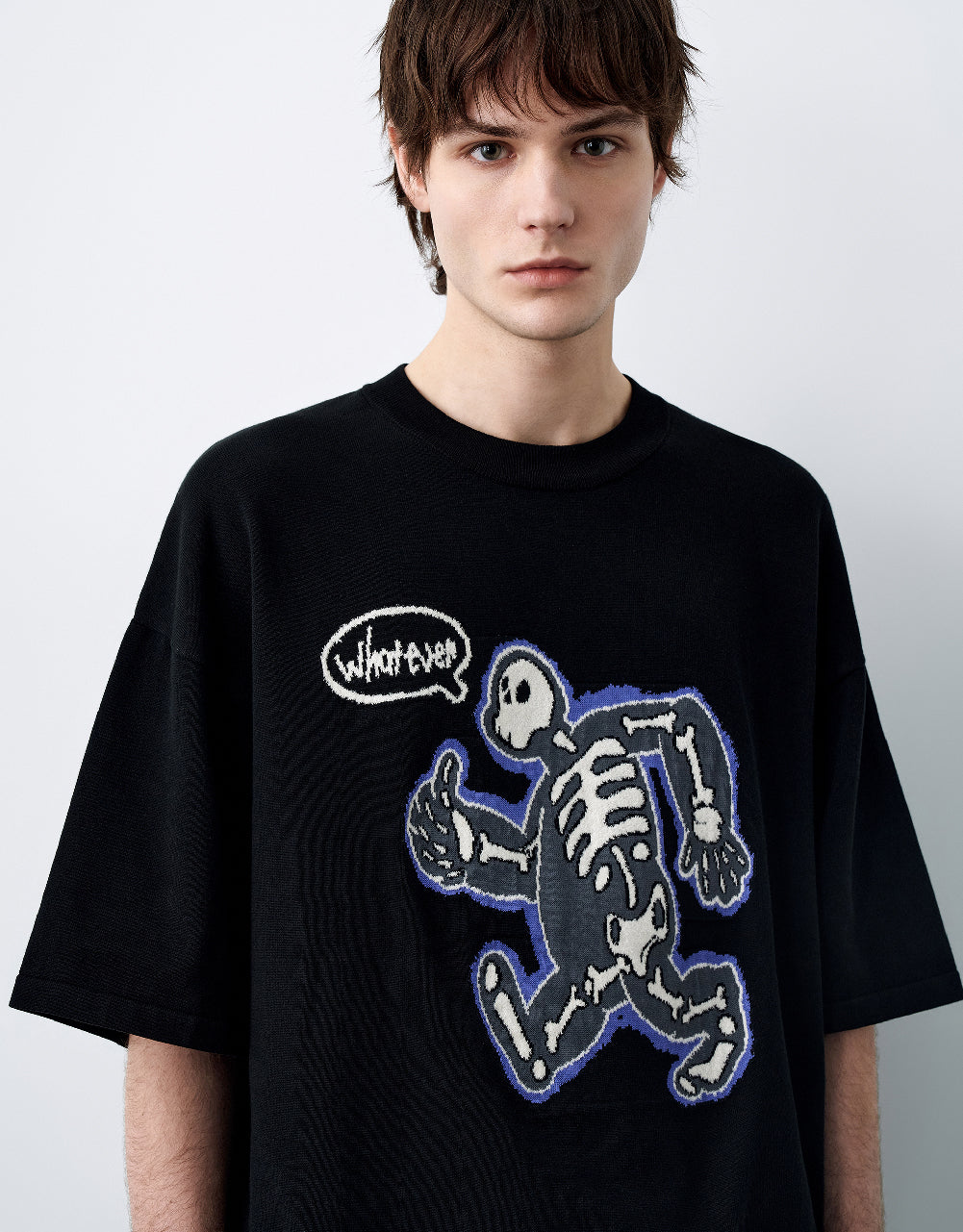 Skeleton Printed Crew Neck Knitted T-Shirt