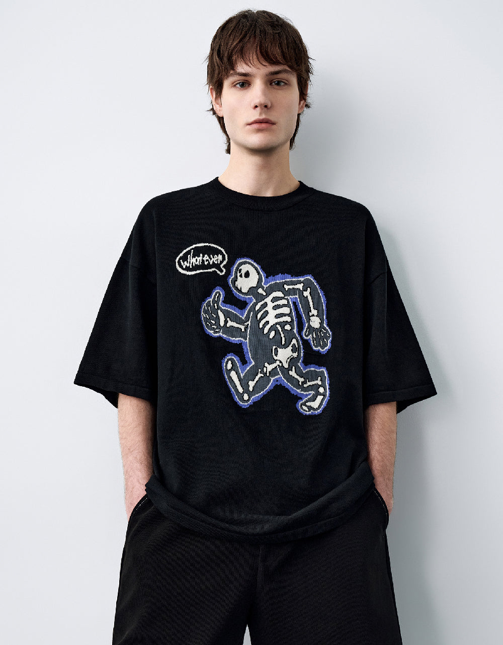 Skeleton Printed Crew Neck Knitted T-Shirt