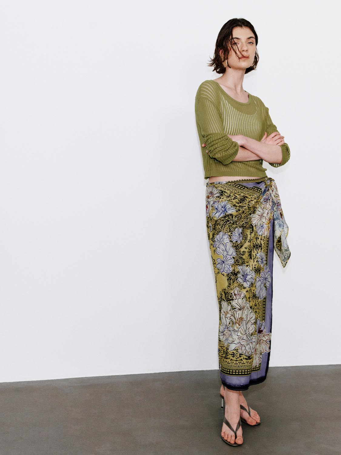 Tie Detail Contrast Floral Straight Midi Skirts