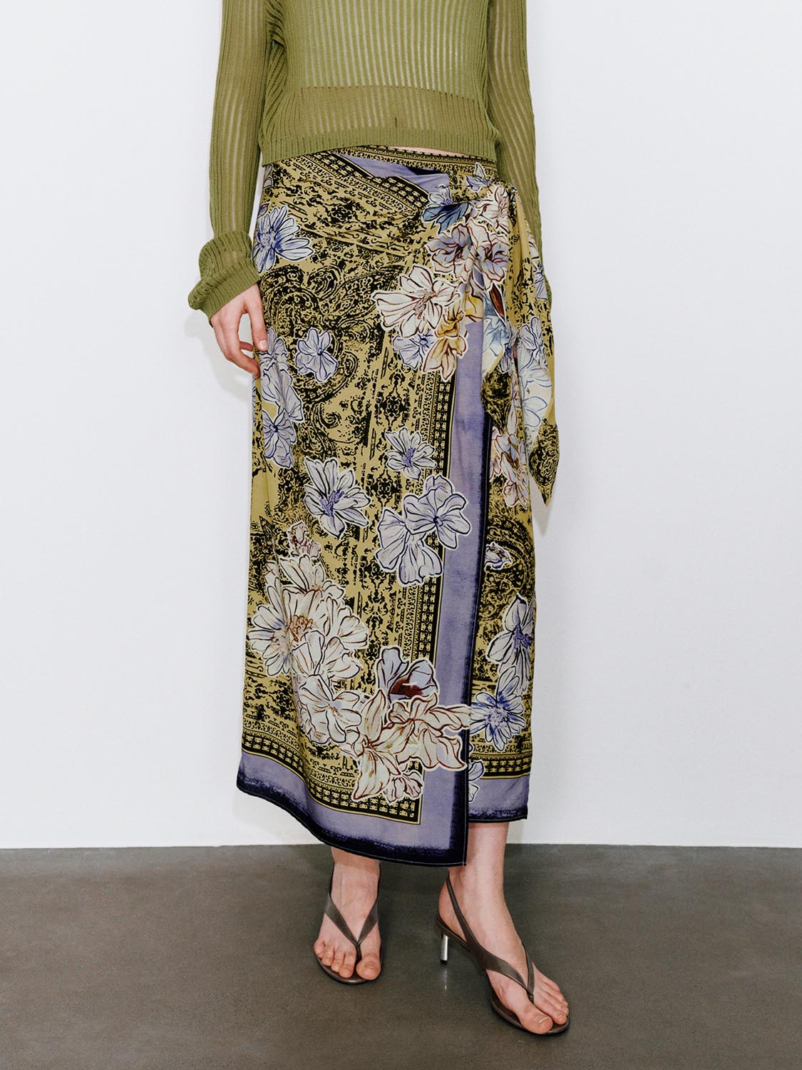 Tie Detail Contrast Floral Straight Midi Skirts