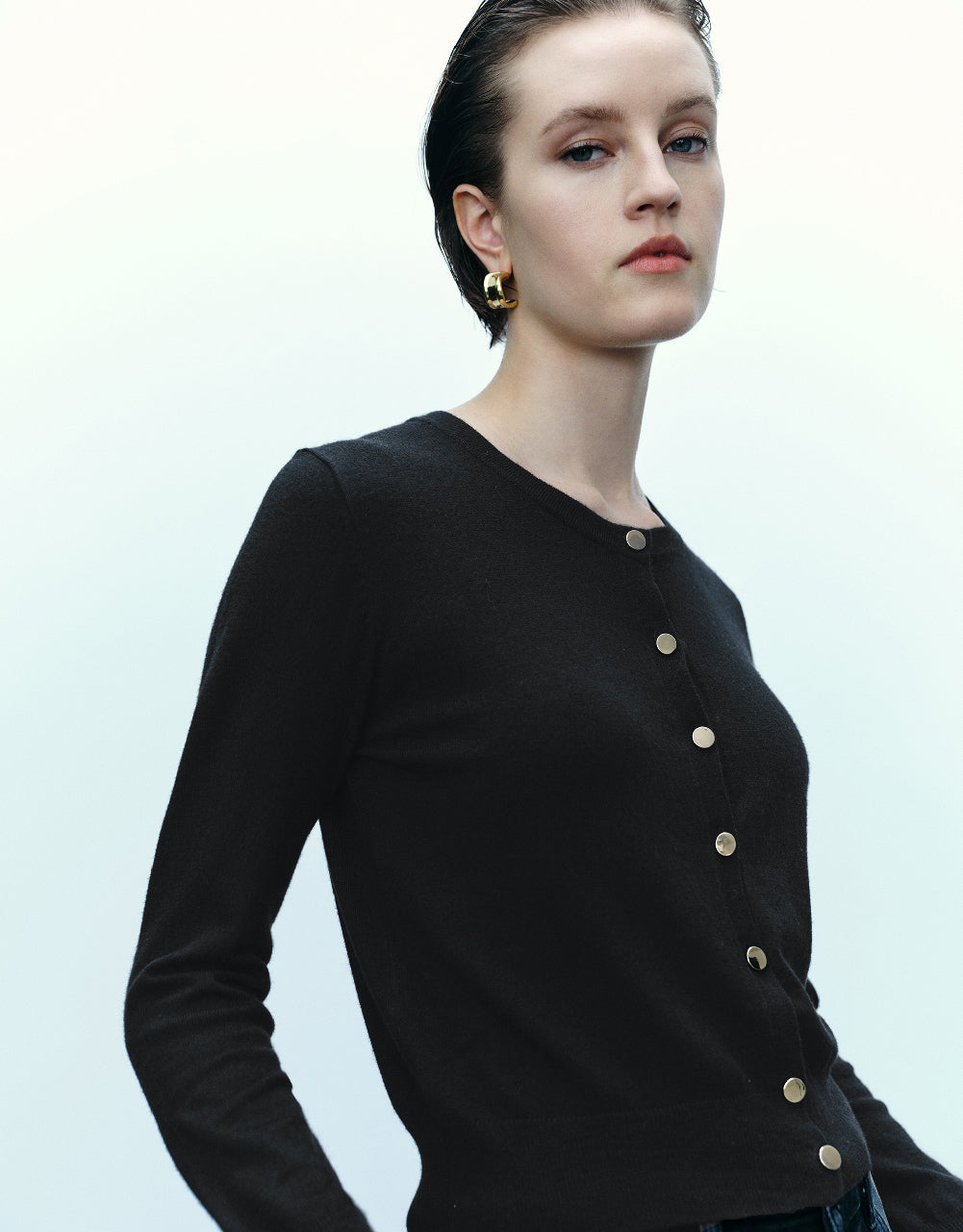 Pressed Button Crew Neck Knitted Cardigan
