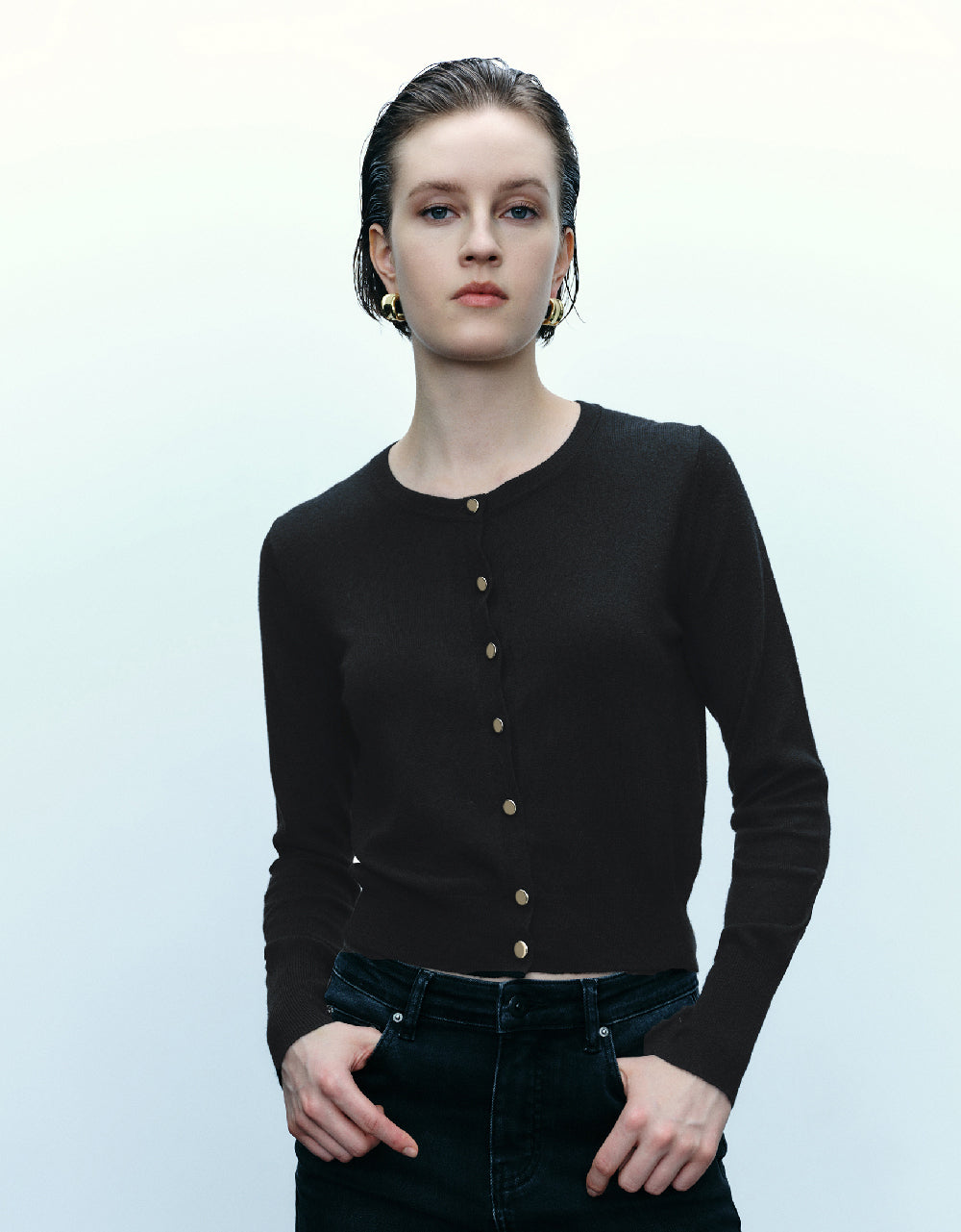 Pressed Button Crew Neck Knitted Cardigan