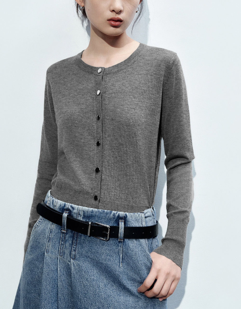 Pressed Button Crew Neck Knitted Cardigan