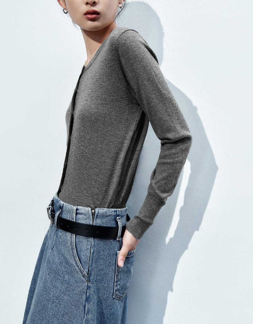 Pressed Button Crew Neck Knitted Cardigan