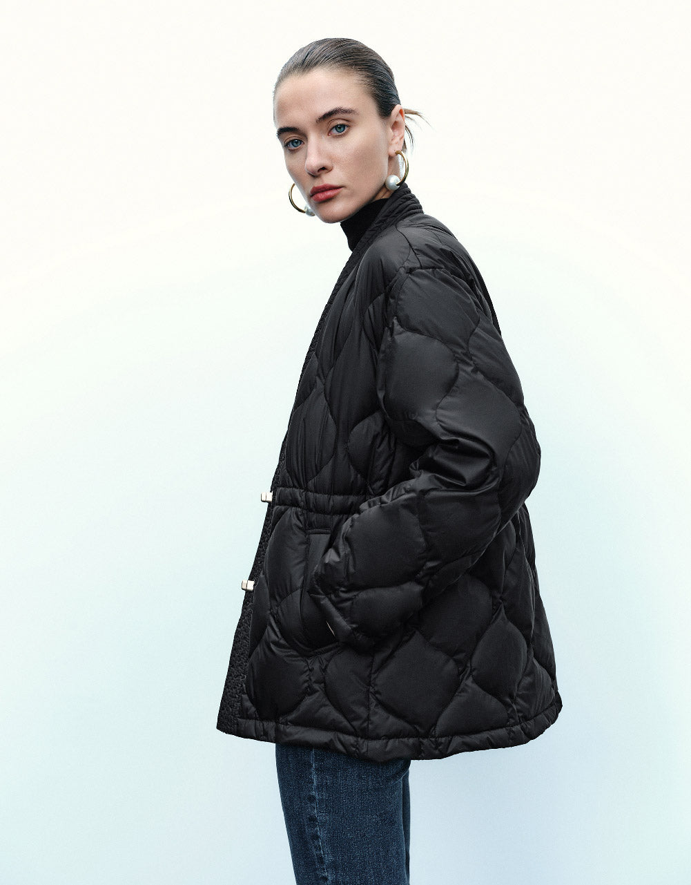 Drop Shoulder Sleeve V-Neck Down Jacket