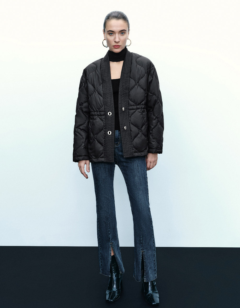 Drop Shoulder Sleeve V-Neck Down Jacket