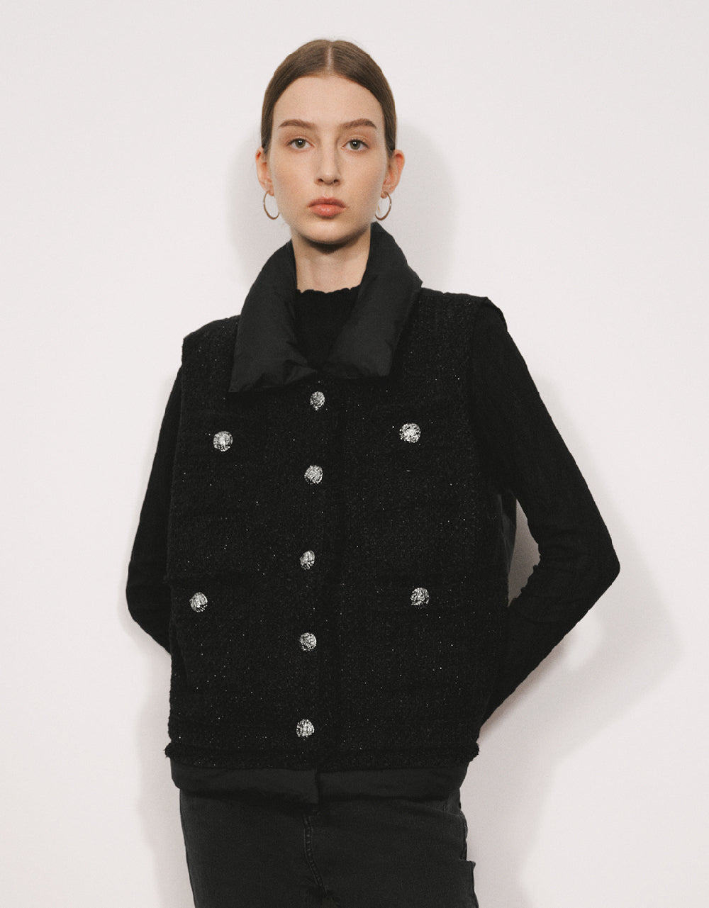 Tweed Stand Collar Puffer Vest