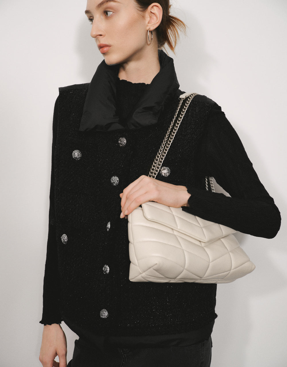 Tweed Stand Collar Puffer Vest