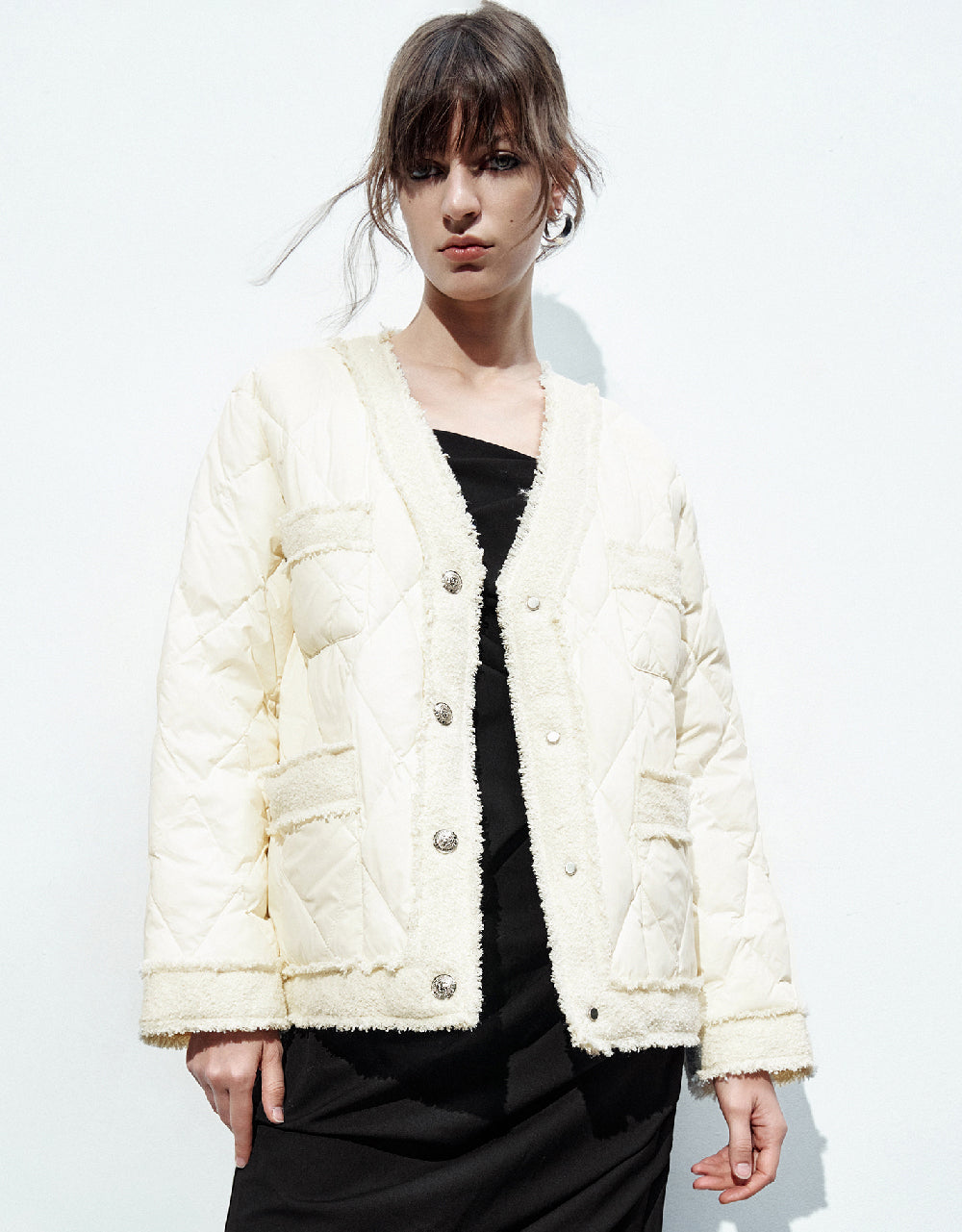 Raw Hem V-Neck Down Jacket