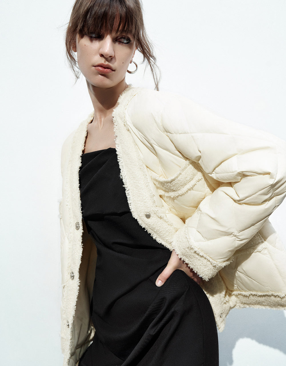 Raw Hem V-Neck Down Jacket