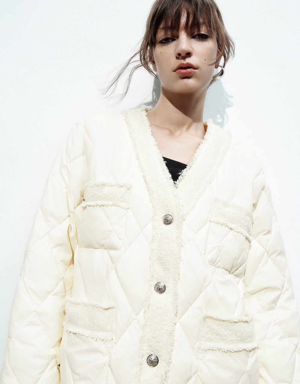 Raw Hem V-Neck Down Jacket