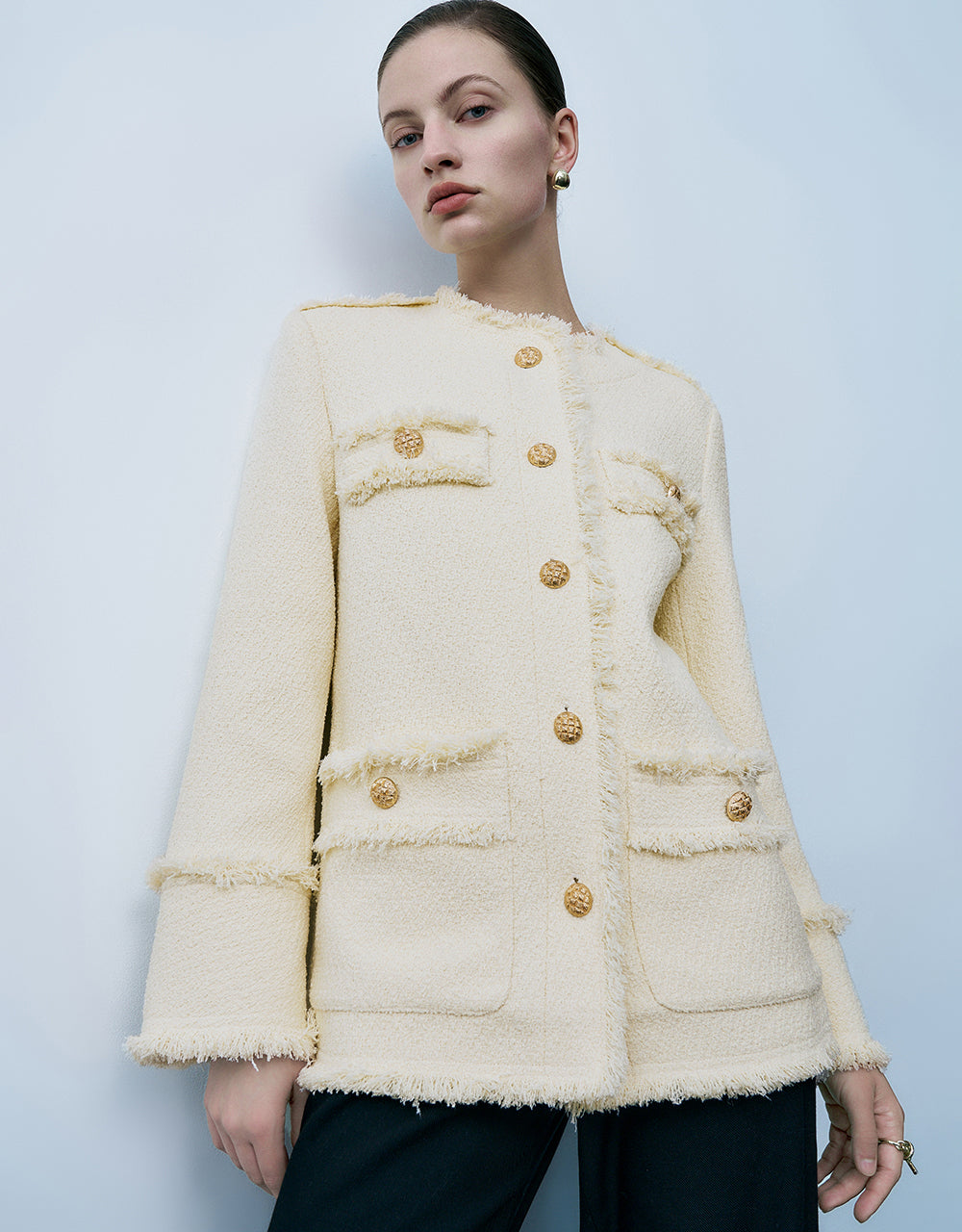 Raw Hem Straight Tweed Jacket