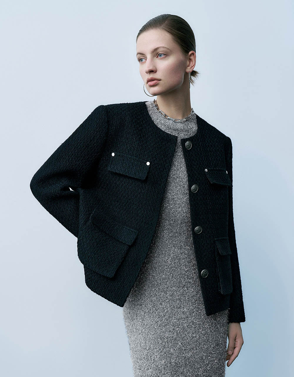 Straight Tweed Jacket With Fake Pockets