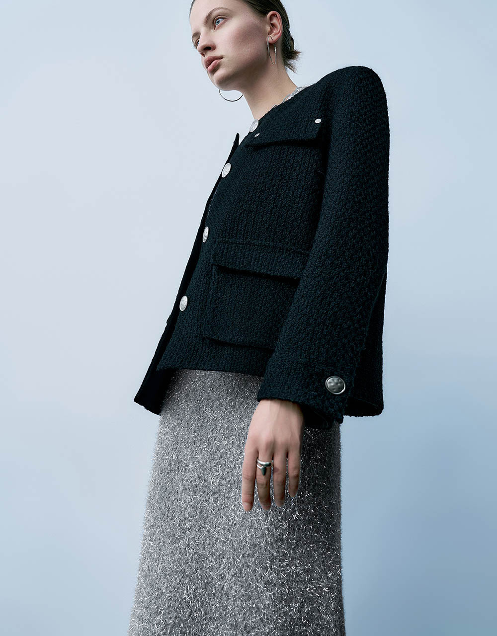Straight Tweed Jacket With Fake Pockets