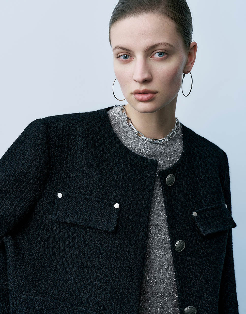 Straight Tweed Jacket With Fake Pockets
