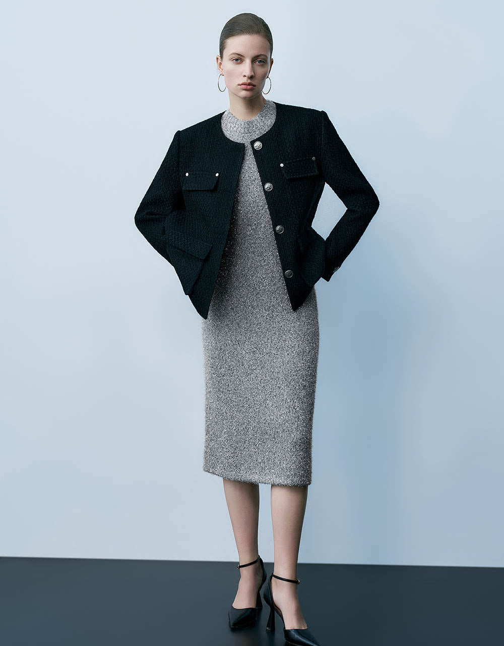 Straight Tweed Jacket With Fake Pockets