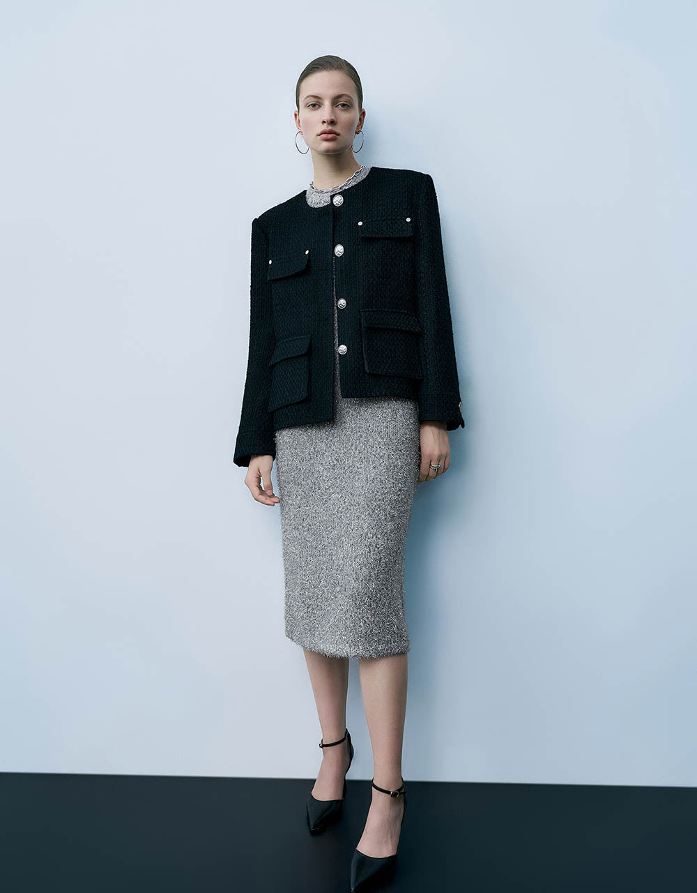 Straight Tweed Jacket With Fake Pockets
