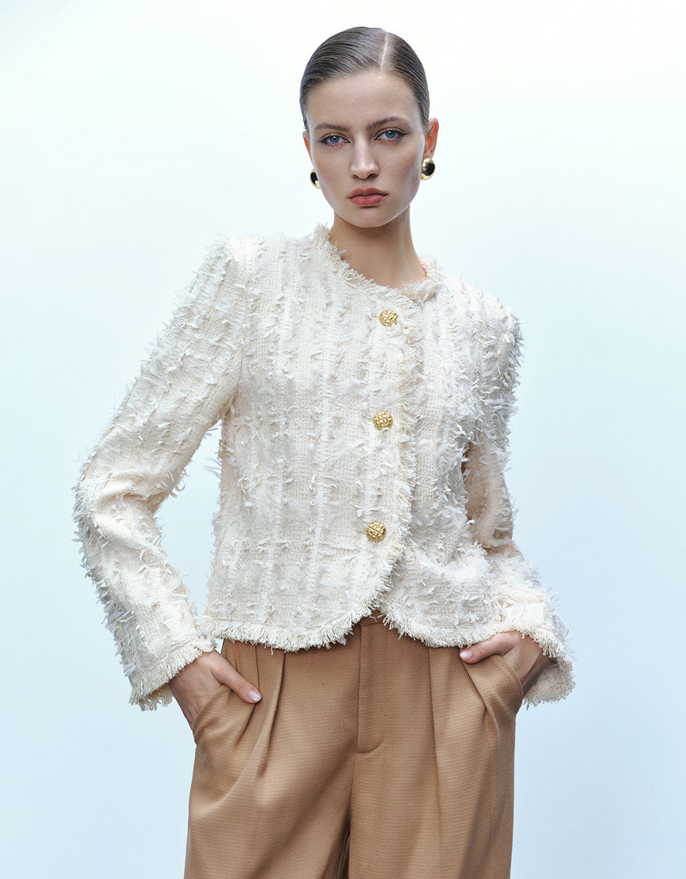 Raw Hem Crew Neck Tweed Jacket