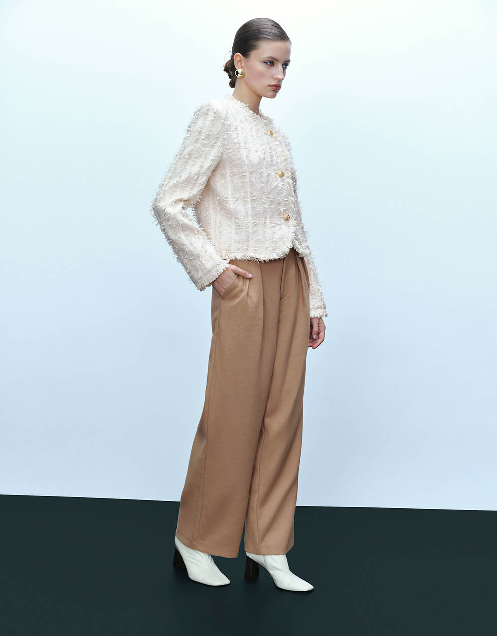 Raw Hem Crew Neck Tweed Jacket