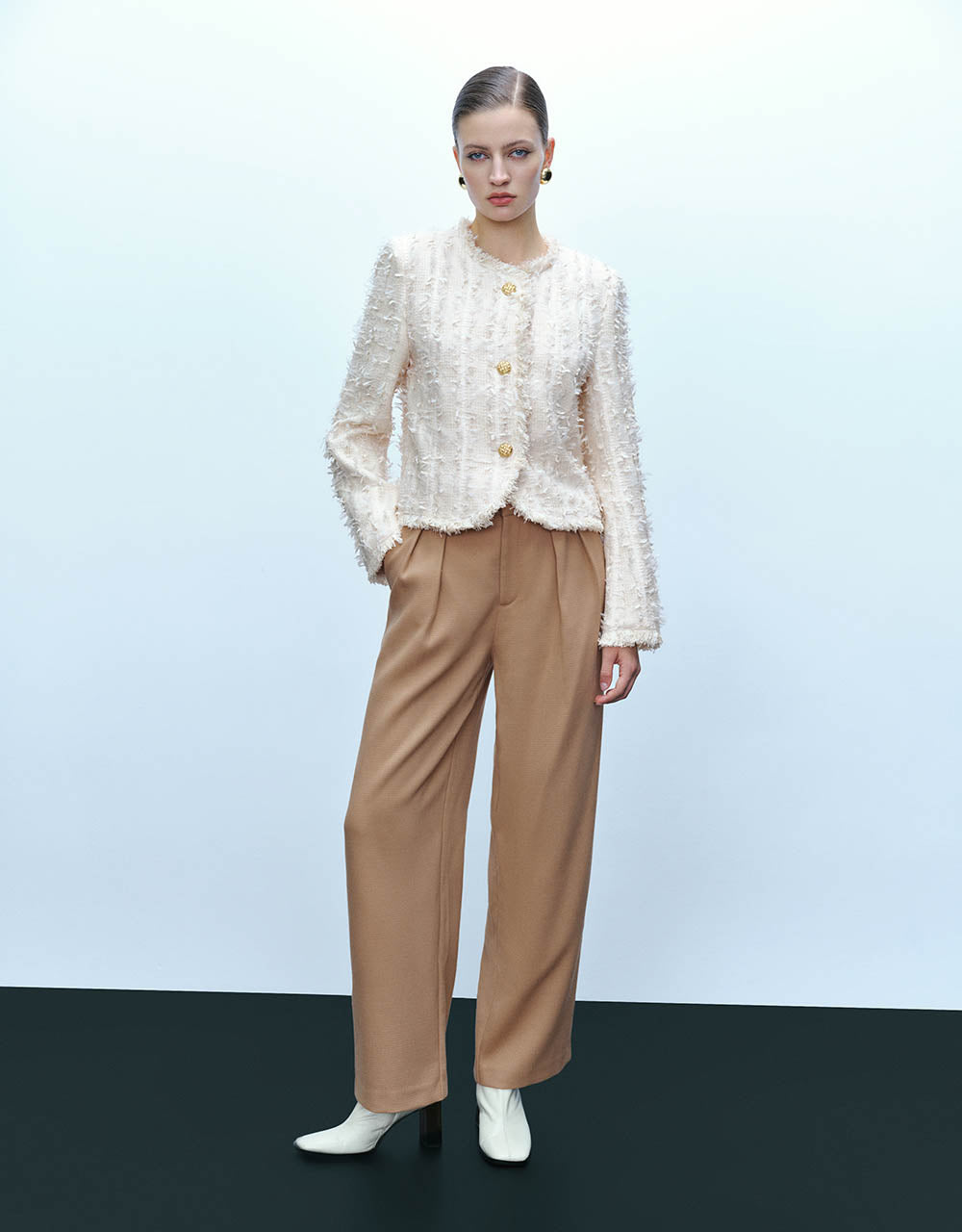Raw Hem Crew Neck Tweed Jacket