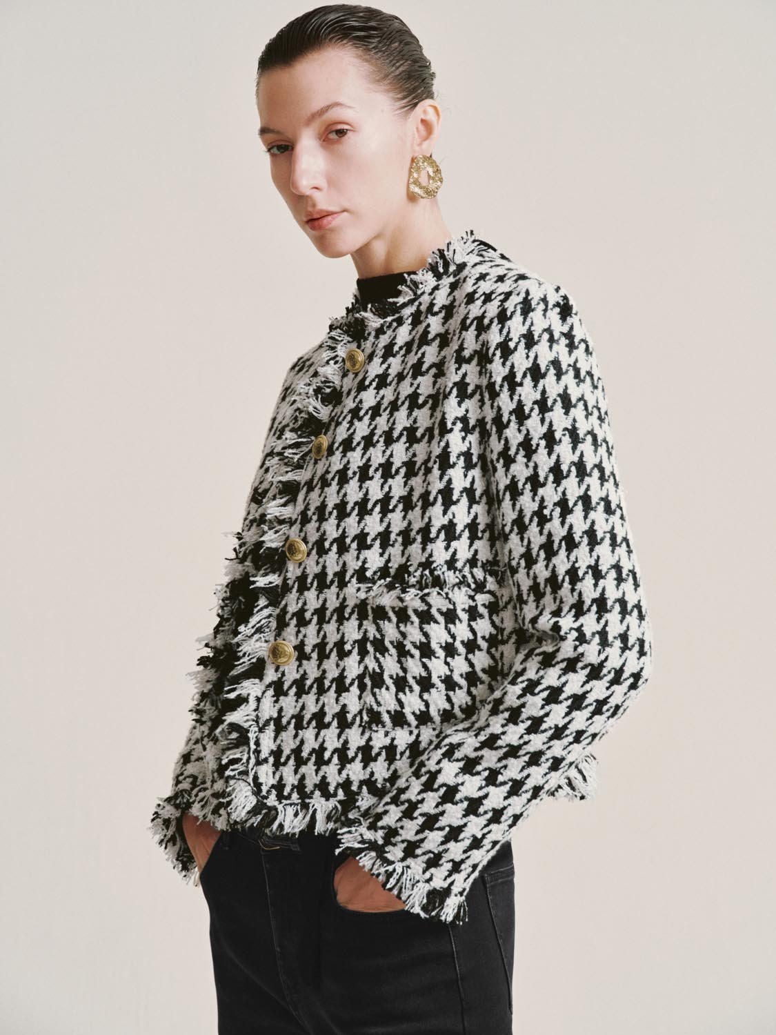Houndstooth Raw Hem Tweed Jackets