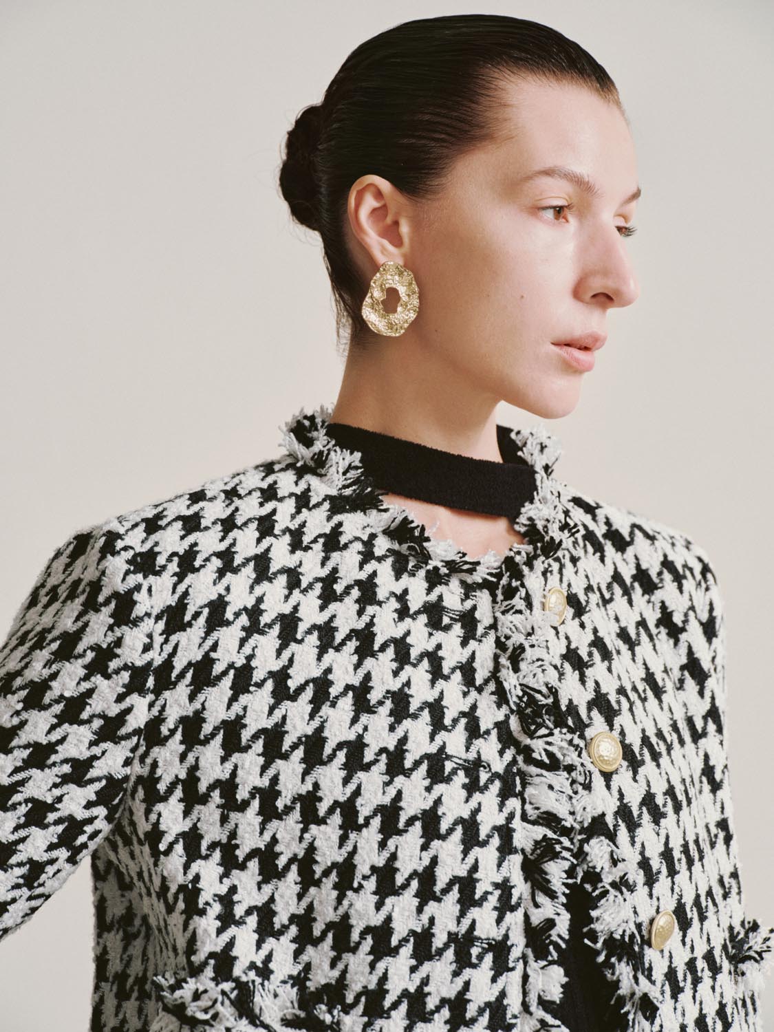 Houndstooth Raw Hem Tweed Jackets