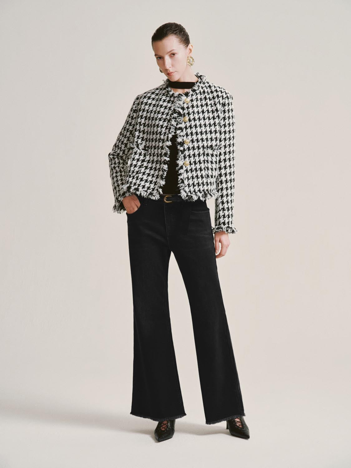 Houndstooth Raw Hem Tweed Jackets