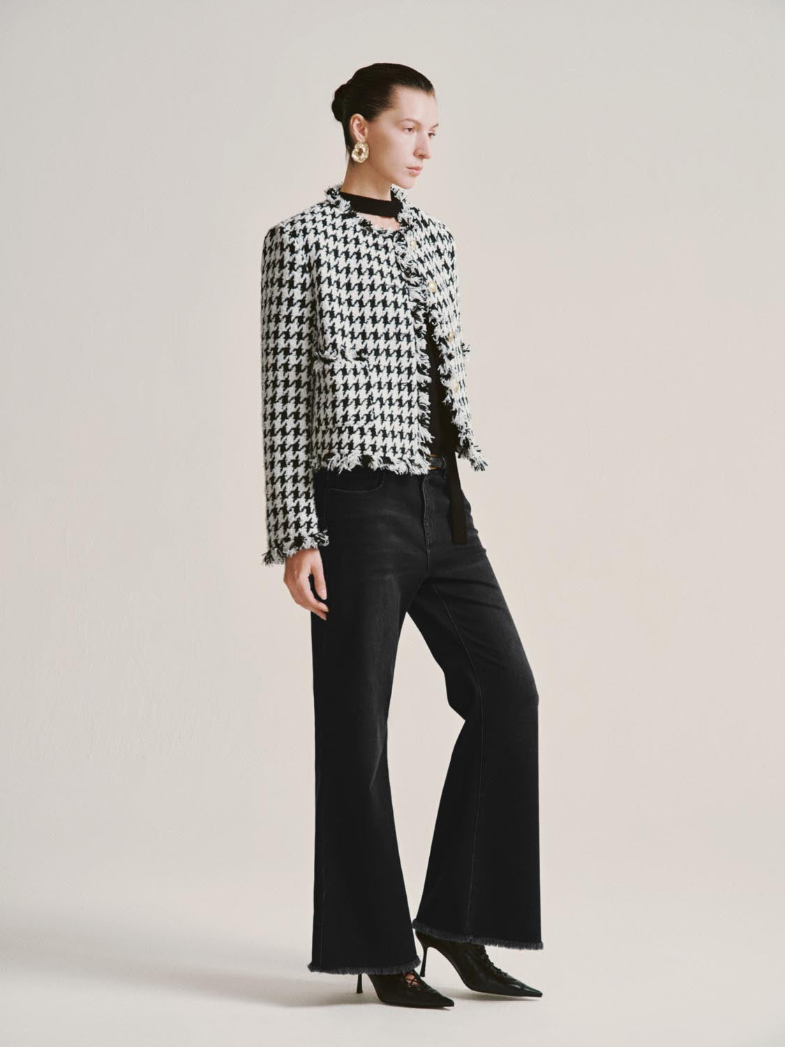 Houndstooth Raw Hem Tweed Jackets