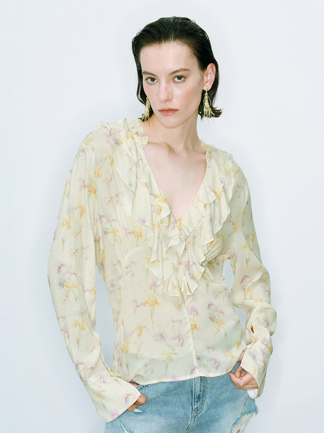 Ruffle Hem Floral Blouses