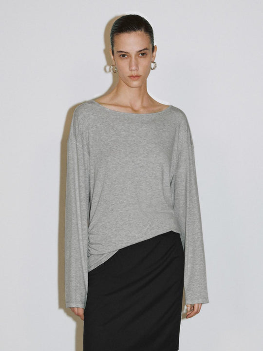Boat Neck Draped Long Sleeve T-Shirts