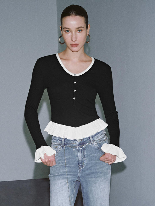 2 In 1 Contrast Frill Trim Long Sleeve T-Shirts