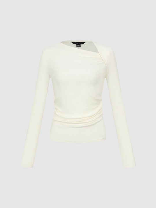 Asymmetric Neck Ruched Long Sleeve T-Shirts