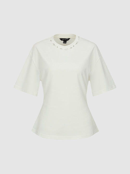 Beaded Crew Neck Nipped-Waist T-Shirts