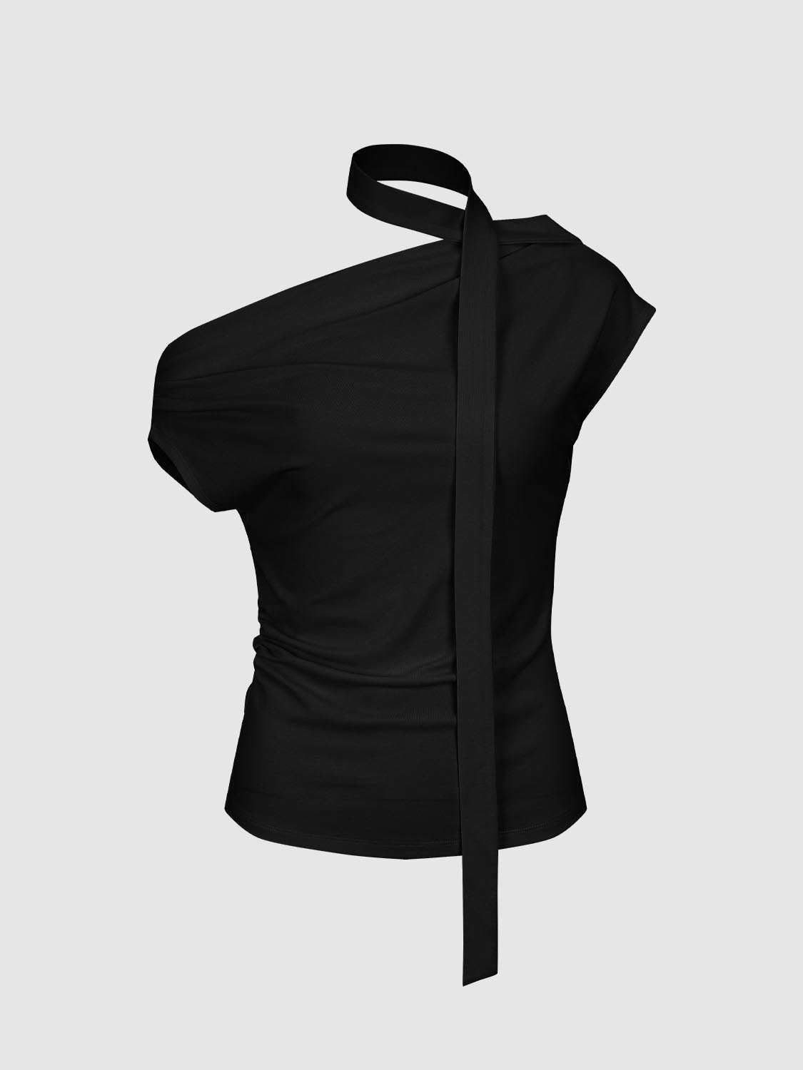 เสื้อยืดเข้ารูปไหล่เดียวพร้อมผ้าผูกคอและดีเทลจับจีบ