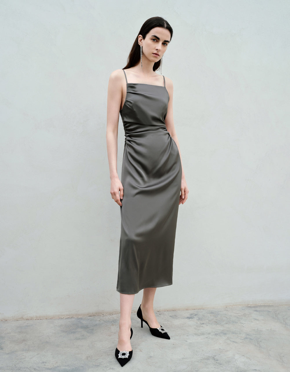 Ruched Sleeveless Midi Skinny Dress