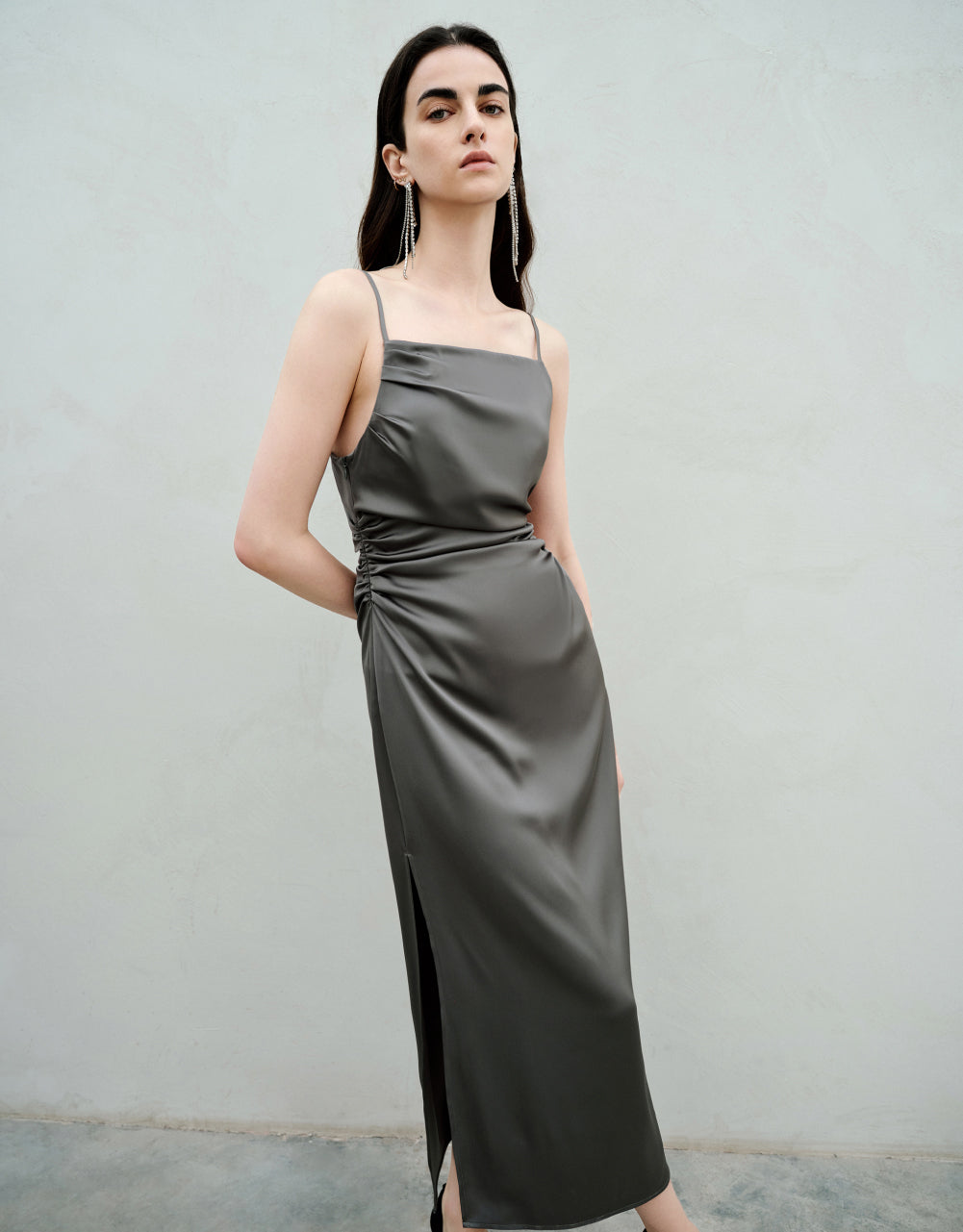 Ruched Sleeveless Midi Skinny Dress
