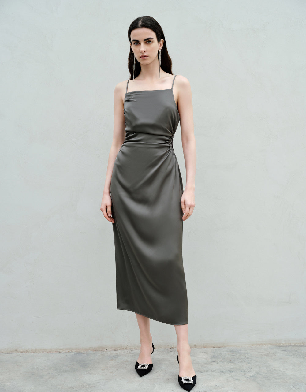 Ruched Sleeveless Midi Skinny Dress