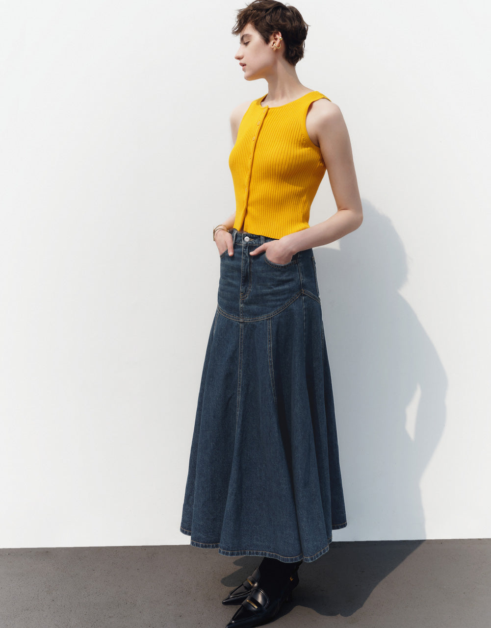 Midi A-Line Denim Skirt
