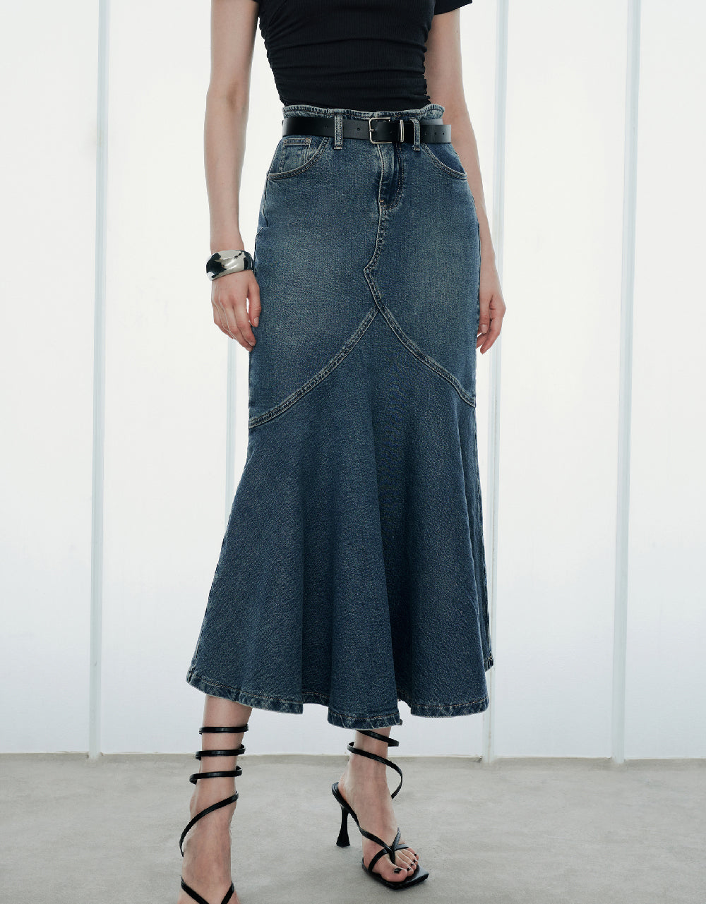 Denim Fishtail Skirt With Belt