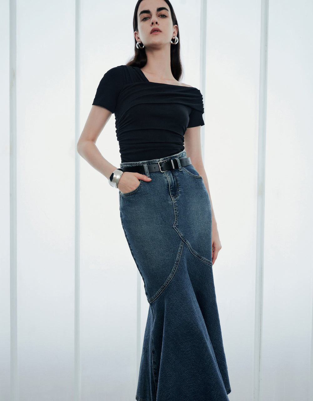 Denim Fishtail Skirt With Belt