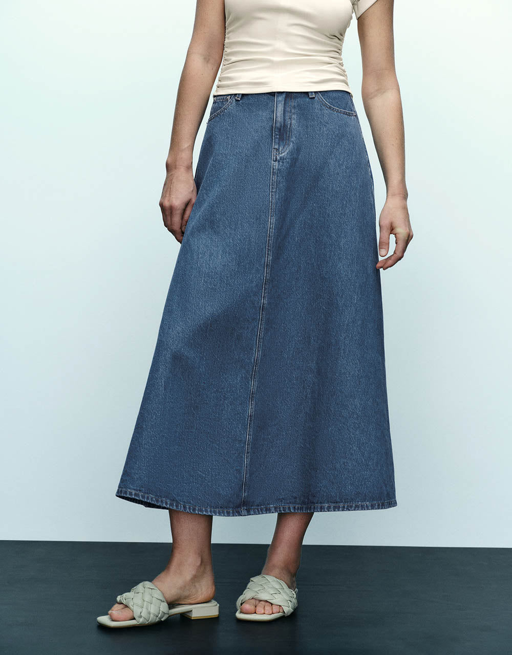 Midi A-Line Denim Skirt