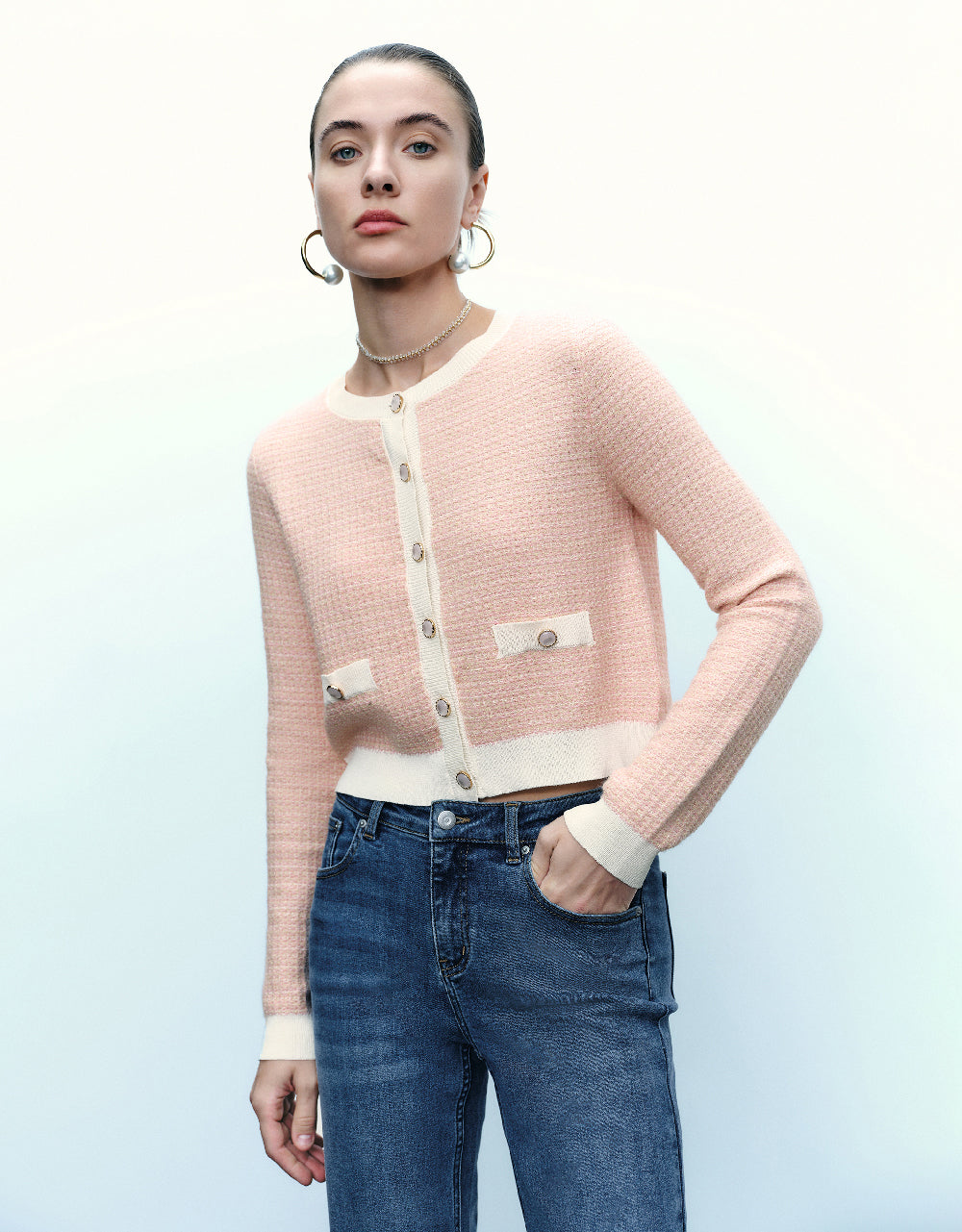 Knitted Cardigan With Faux Pearl Buttons