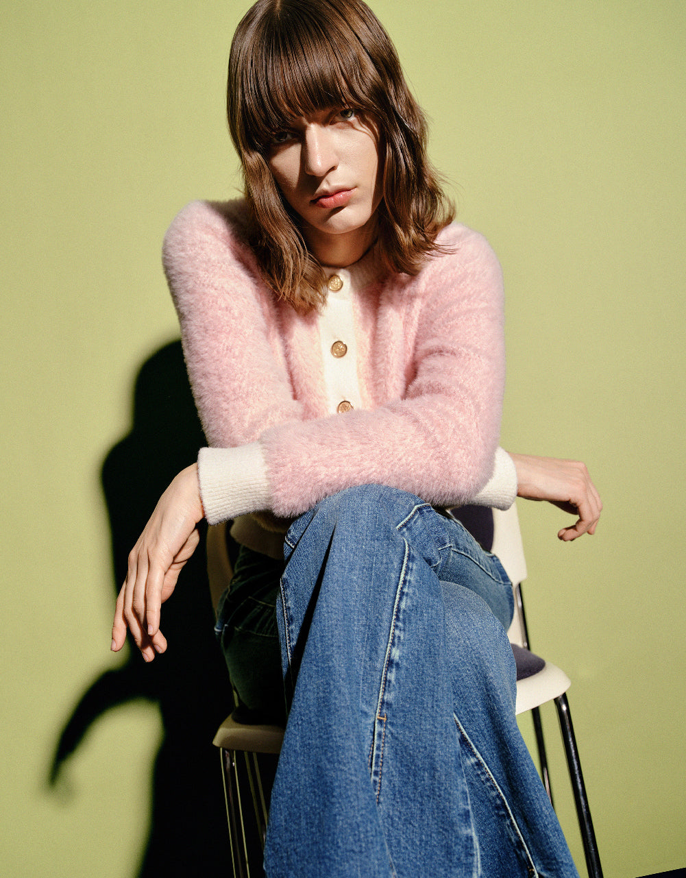 Furry Crew Neck Knitted Cardigan