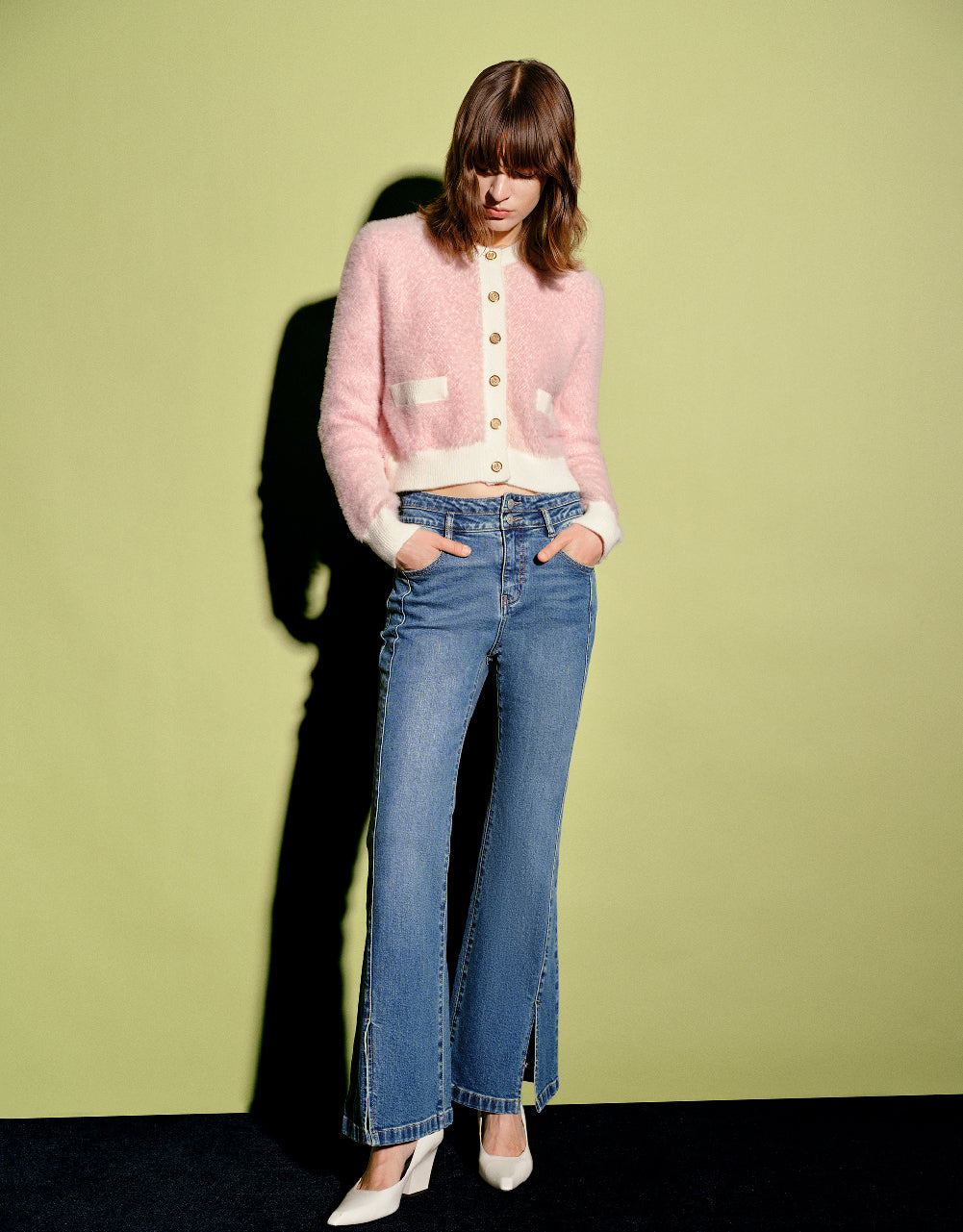 Furry Crew Neck Knitted Cardigan